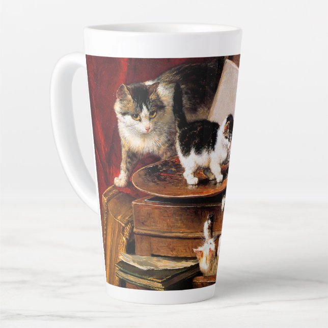 Mutterkatze und Kätzchen am Tisch Milchtasse (Linke Ecke)