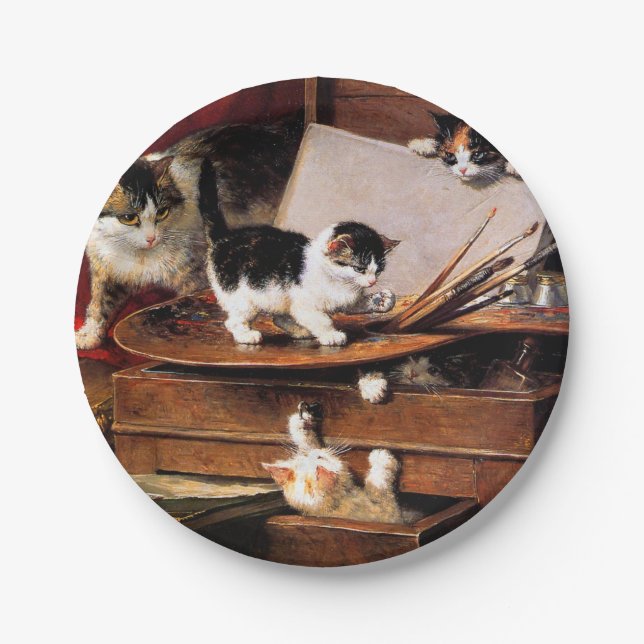 Mutterkatze und Kätzchen am Tisch Pappteller (Vorderseite)