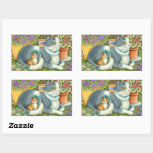 MUTTERKATZE UND KÄTZCHEN, GETTOPFTE BLUMEN, SCHLEI RECHTECKIGER AUFKLEBER