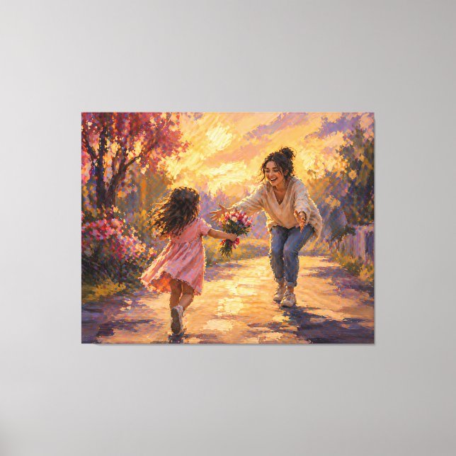 Muttern Kind läuft mit Blumen Leinwand Kunst (Vorderseite)
