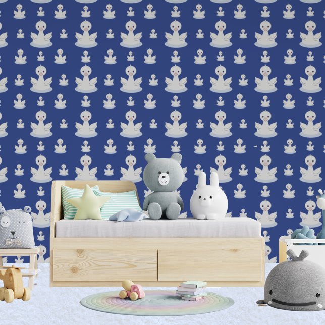 Mutterschwan und ihre Babys Kinder blau und weiß Tapete (Von Creator hochgeladen)