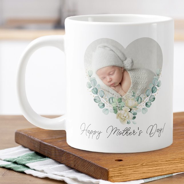 Muttertag 2 Foto Blumenherz Jumbo-Tasse (Mother's Day 2 Photo Floral Heart Giant Coffee Mug)