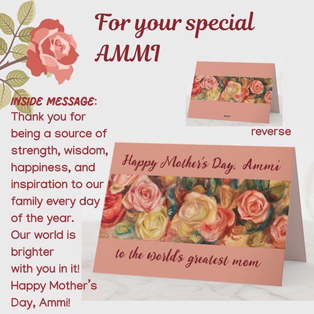 Muttertag Bester Ammi Urdu Arabische Mama Karte (A beautiful floral roses Mother's Day card for your special Ammi (mom). All text customizable.)