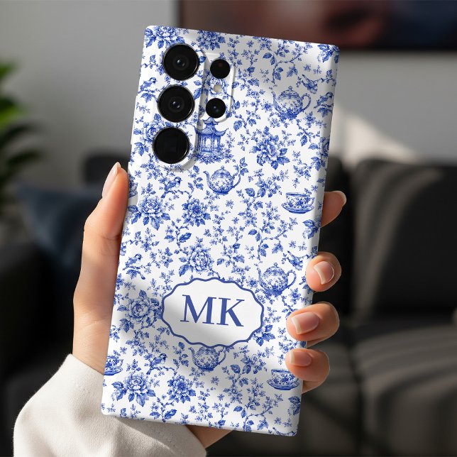 Muttertag | Blaues Toile-Monogramm-Brautinitial Samsung Galaxy Hülle (blue toile phone case, floral mom phone case, floral best friend phone case, floral bridesmaid case)