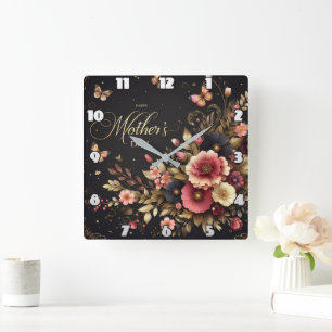 Muttertag: Elegante Blumen, goldene Farben Quadratische Wanduhr