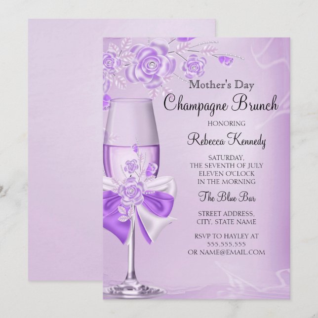 Muttertag Hübsch Lilac Rose Champagne Brunch Einladung (Vorne/Hinten)
