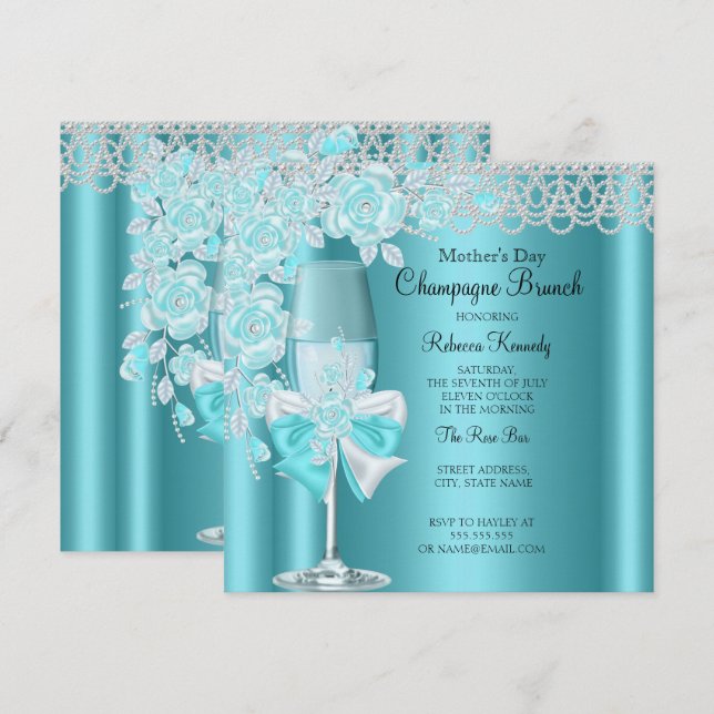 Muttertag Hübsche Aquamarine Rose Champagne Brunch Einladung (Vorne/Hinten)