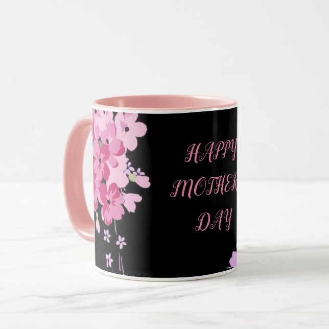 "Muttertag" kombiniert Tasse in schwarz-rosa Blume (Vorderseite Links)