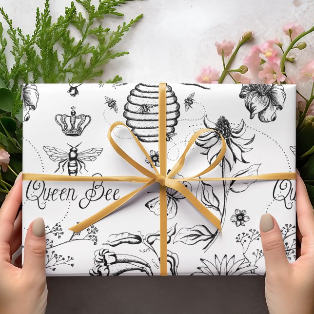 Muttertag Königin Biene und Blume Geschenkpapier (Black and White Queen Bee & Crown Insect Illustration, typography, bee hive and flowers for Her)