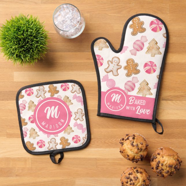 Muttertag Monogram-Pink Sugarplum & Gingerbrot Ofenhandschuh & Topflappen-Set (Oben Unten)