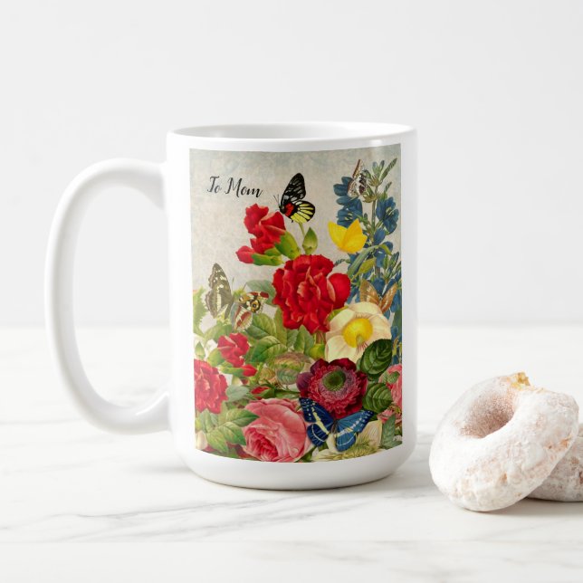 Muttertaggarnelen Rose Schmetterlinge Kaffeetasse (Mit Donut)