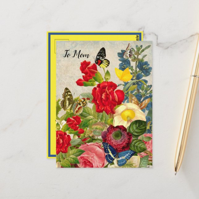 Muttertaggarnelen Rose Schmetterlinge Postkarte (Vorderseite/Rückseite Beispiel)