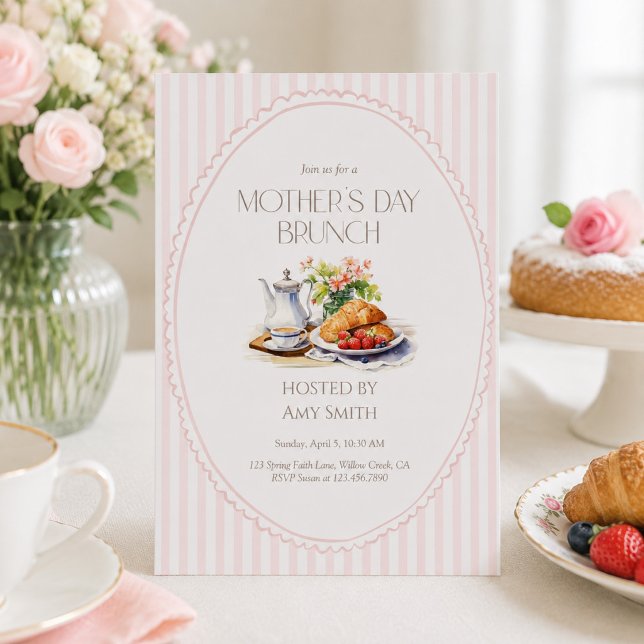 Muttertags-Brunch Rosa Streifen Frühstück Einladung (Von Creator hochgeladen)