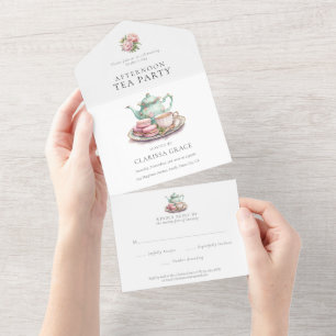 Muttertags Elegante Teeparty Aquarell All In One Einladung