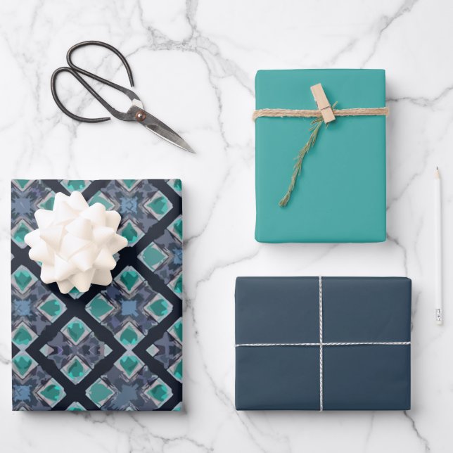 MVB Double Diamond Tribal Blue Muster Geschenkpapier Set (Vorderseite)