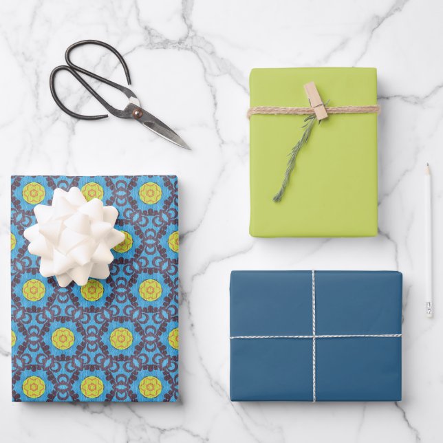 MVB Retro Blue-Muster mit gelber Blume Geschenkpapier Set (Vorderseite)