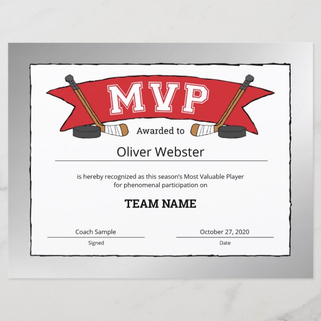 MVP Player - MVP Certificates - Hockey Certificate (Vorderseite)
