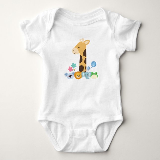 My First Birthday. Giraffe and Happy Animals Desig Baby Strampler (Vorderseite)