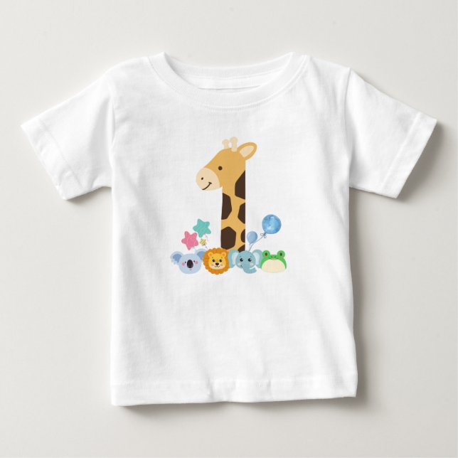 My First Birthday. Giraffe and Happy Animals Desig Baby T-shirt (Vorderseite)