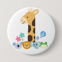 My First Birthday. Giraffe and Happy Animals Desig Button