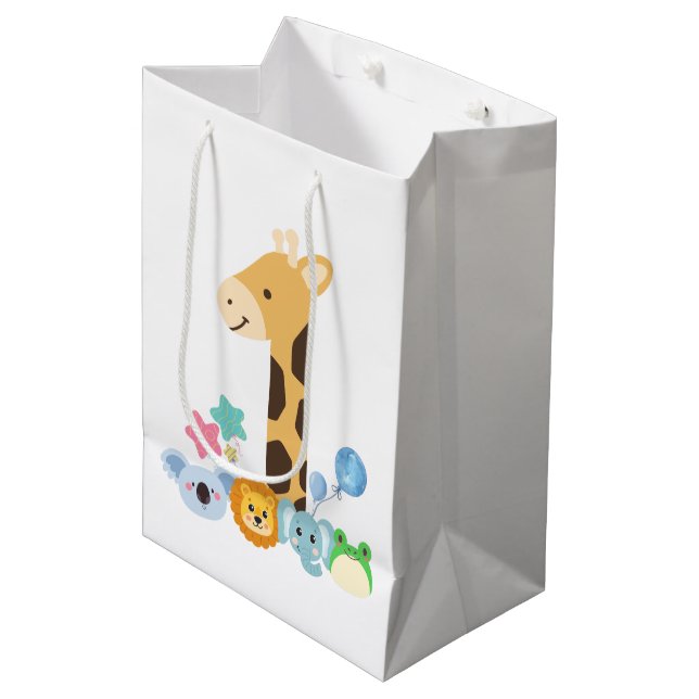 My First Birthday. Giraffe and Happy Animals Desig Mittlere Geschenktüte (Vorderseite Schrägansicht)