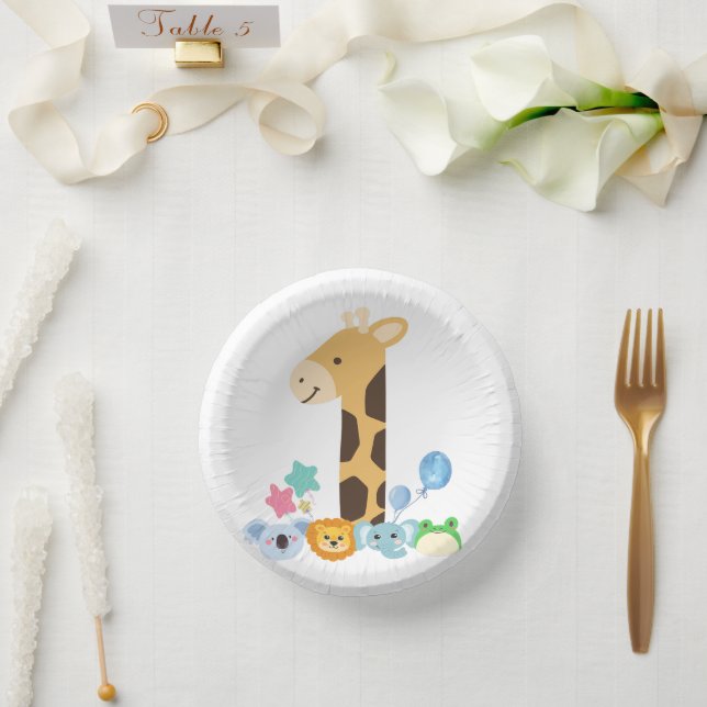 My First Birthday. Giraffe and Happy Animals Desig Pappteller (Hochzeit)