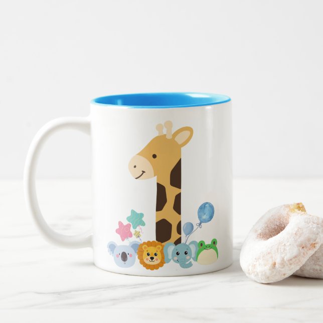 My First Birthday. Giraffe and Happy Animals Desig Zweifarbige Tasse (Mit Donut)
