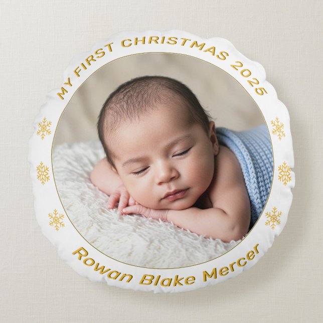 My First Christmas Gold Personalized Baby Photo  Rundes Kissen (Vorderseite)