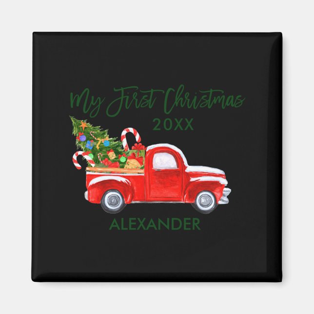 My First Christmas Red Truck Candy Canes Gray Baby Magnet (Vorne)