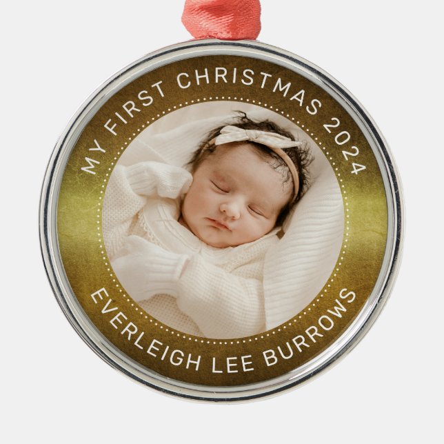 My First Christmas White Personalized Baby Photo  Ornament Aus Metall (Vorne)