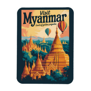 Myanmar Pagoden Illustration Reise Kunst Vintage Magnet