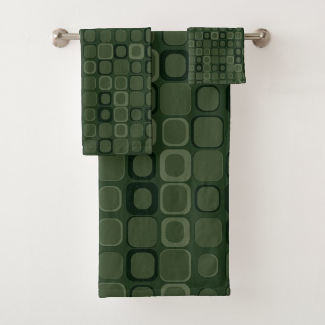 Mydeas | Dunkelgrüne, bescheidene Retro-Quadrate Badhandtuch Set (Insitu)