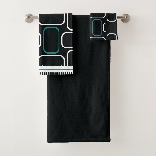 Mydeas | Schwarz-Weiß-Dunkel-Cyan-Rechtecke Badhandtuch Set (Insitu)