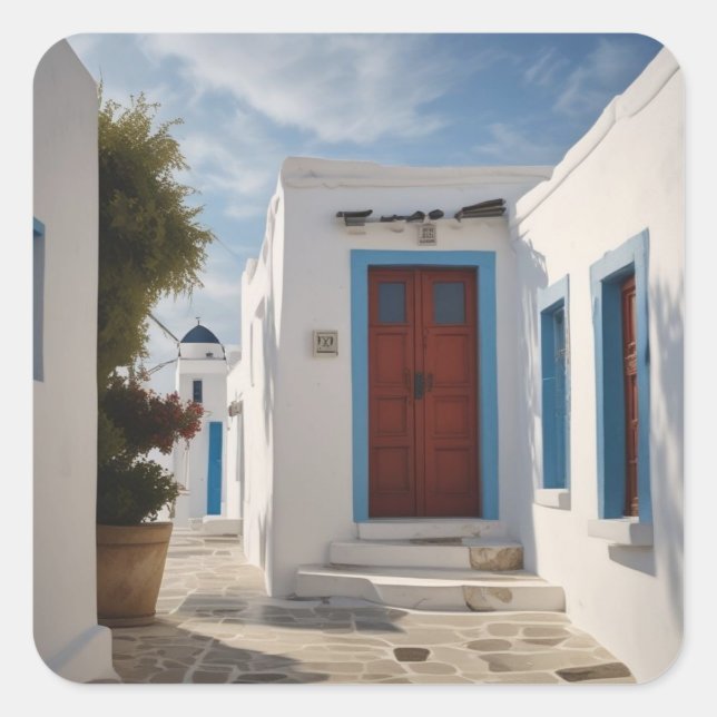 Mykonos Greece Travel Postcard Quadratischer Aufkleber (Vorderseite)