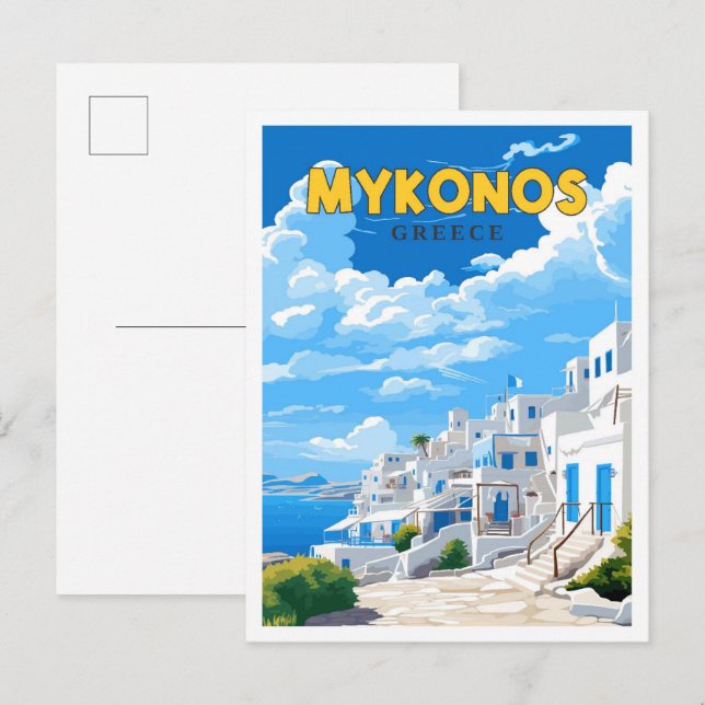 Mykonos Greece Vintage Reise Illustration Postkarte (Vorne/Hinten)