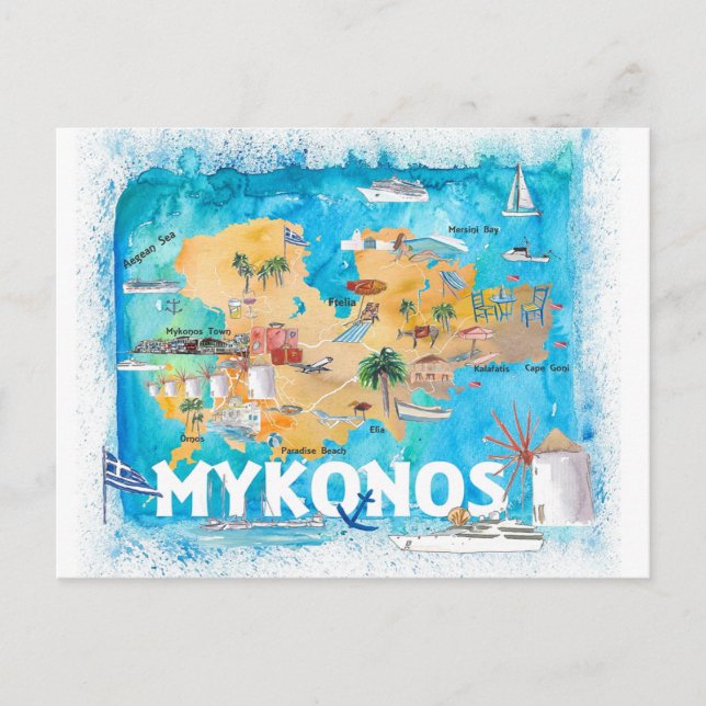 Mykonos Griechenland Illustrierte Karte mit Hauptv (Vorderseite)