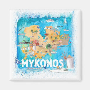 Mykonos Griechenland Illustrierte Karte mit Sehens Magnet