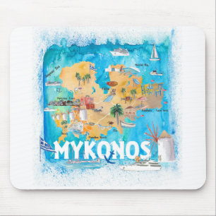 Mykonos Griechenland Illustrierte Karte mit Sehens Mousepad