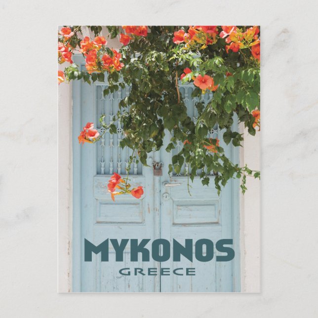 Mykonos Griechenland Tür mit Blume Postkarte (Vorderseite)