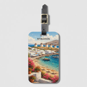 Mykonos Griechenland Windmühlen Retro-Reiseillustr Gepäckanhänger