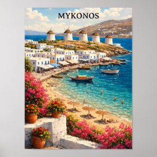 Mykonos Griechenland Windmühlen Retro Reiseillustr Poster