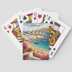 Mykonos Griechenland Windmühlen Retro Reiseillustr Spielkarten