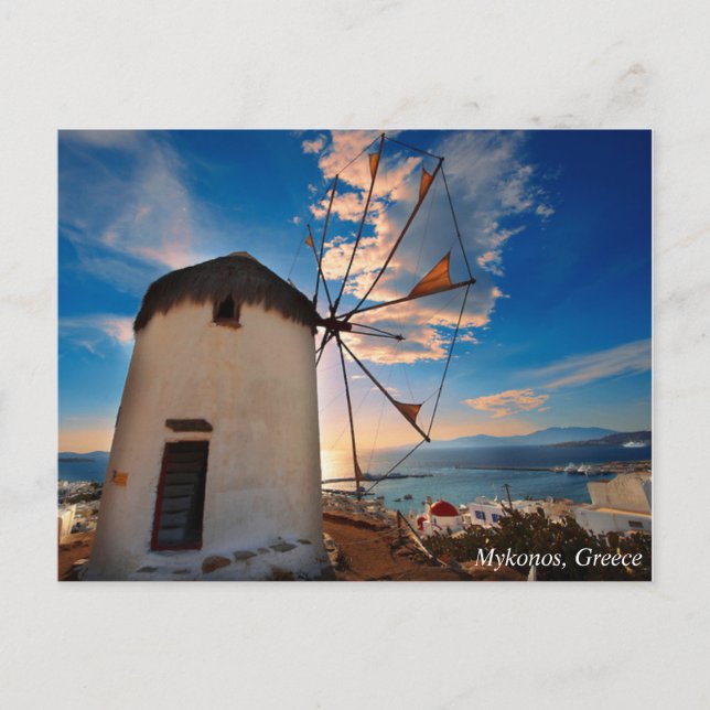 Mykonos Windmühlen-Sonnenuntergang, Griechenland Postkarte (Vorderseite)