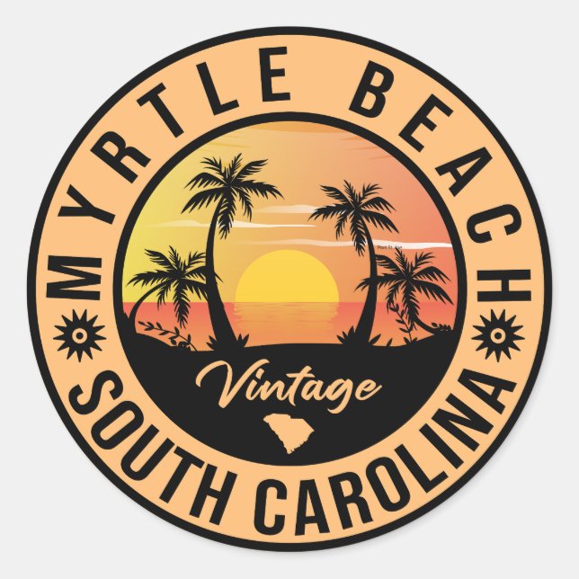 Myrtle Beach South Carolina Retro Sunset Souvenir Runder Aufkleber (Vorderseite)