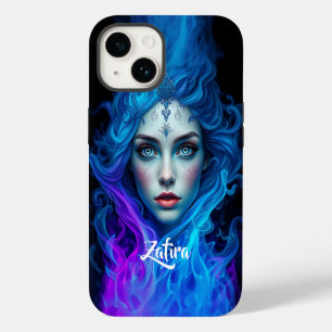 Mysterienfrau, die aus blauen und violetten Flamme iPhone 14 Hülle