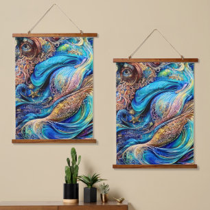 Mysteriöse Blue Waves Wirbel verstecken Augen Abst Wandteppich Mit Holzrahmen