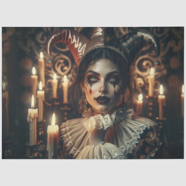Mysteriöse Dunkelharlequin-Bright-Augen-Dekoupage Seidenpapier (Vorderseite)