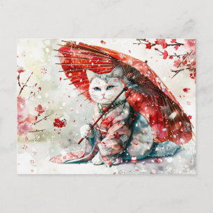 Mysteriöse Geisha Katze mit rotem Parasol Postkarte