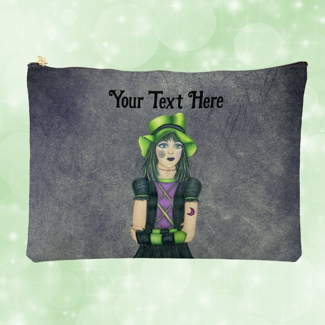 Mysteriöse Goth Girl Tattoos Green Hat Grunge Gray Zubehörtasche (Mysterious Goth Girl spiderweb moon tattoos green hat on grunge grey cosmetic bag.)