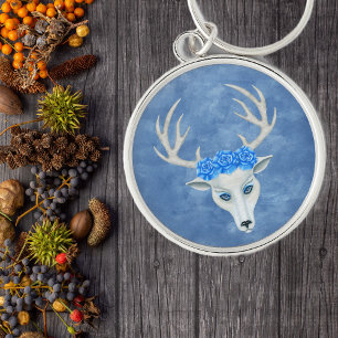 Mysteriöse Weiße Hirschköpfe Antler Blaue Rose Schlüsselanhänger